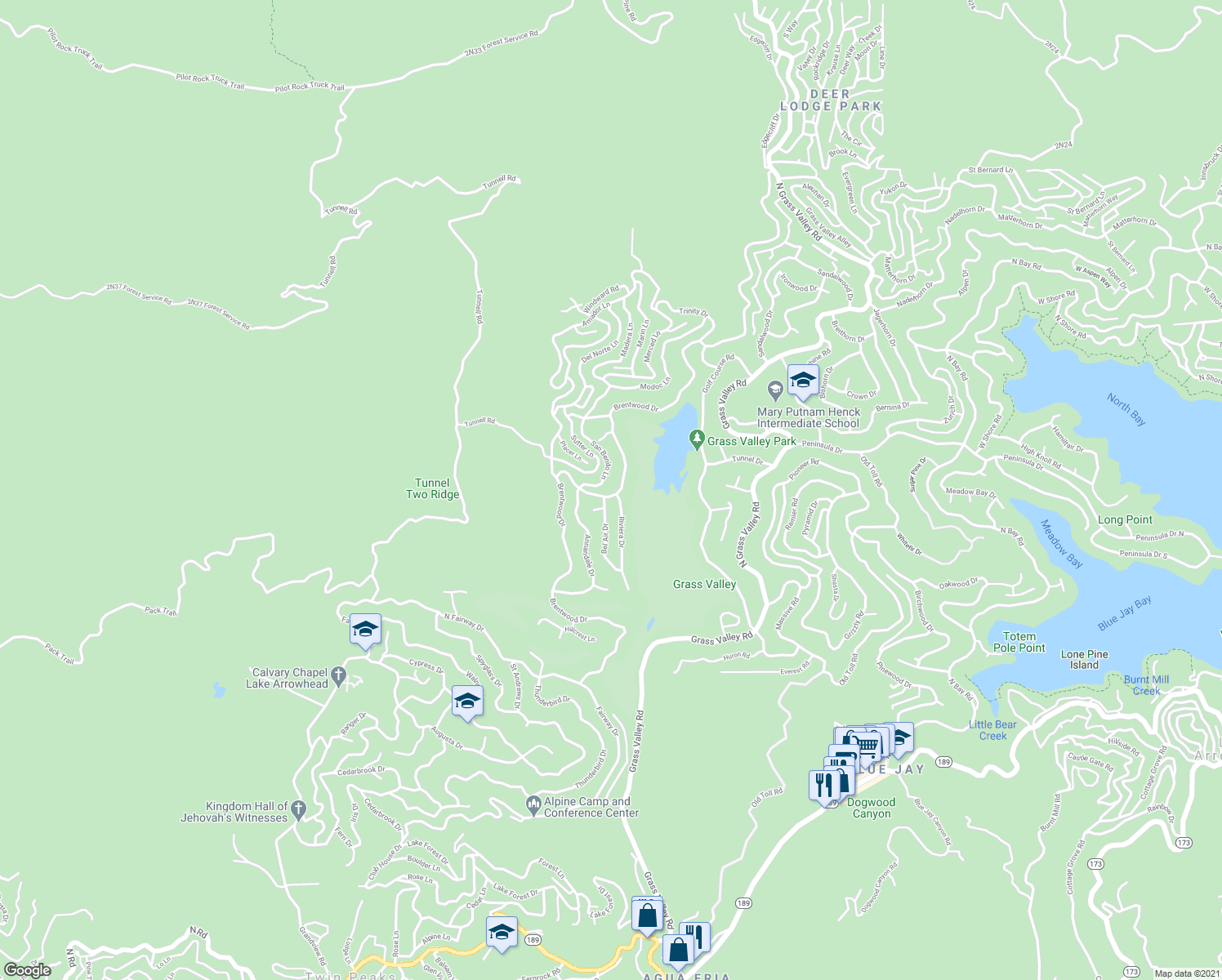 map of restaurants, bars, coffee shops, grocery stores, and more near 572 Brentwood Drive in Lake Arrowhead