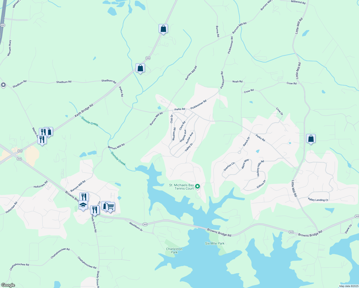 map of restaurants, bars, coffee shops, grocery stores, and more near 5215 Virginia Avenue in Cumming