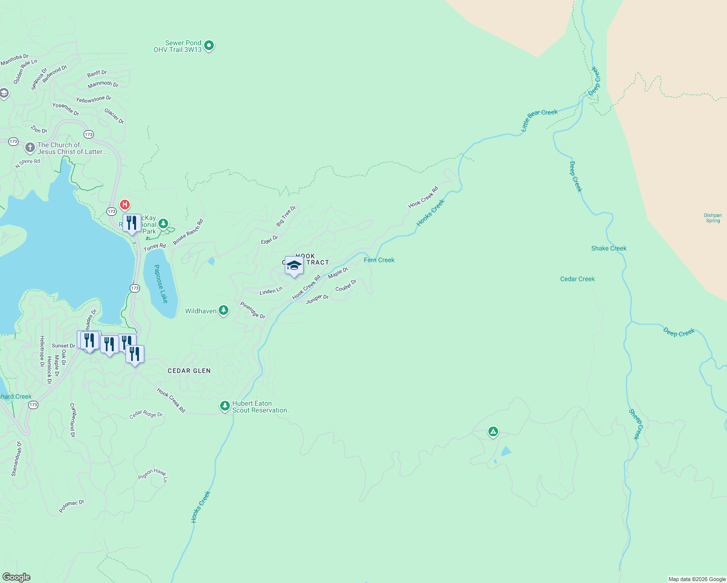 map of restaurants, bars, coffee shops, grocery stores, and more near Coulter Drive in Lake Arrowhead