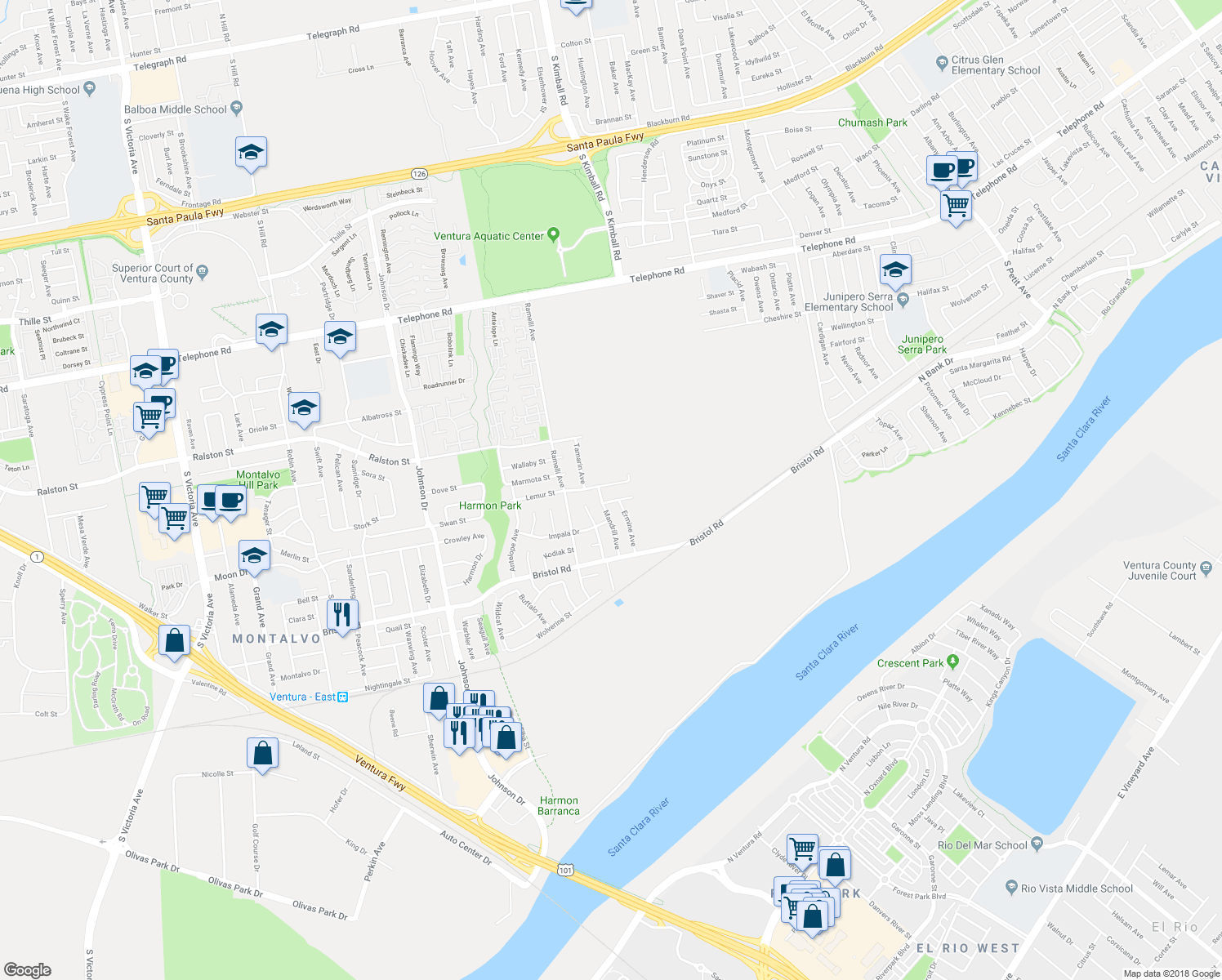 map of restaurants, bars, coffee shops, grocery stores, and more near 7584 Lemur Street in Ventura