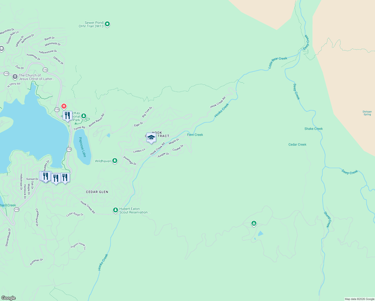 map of restaurants, bars, coffee shops, grocery stores, and more near Coulter Drive in Lake Arrowhead