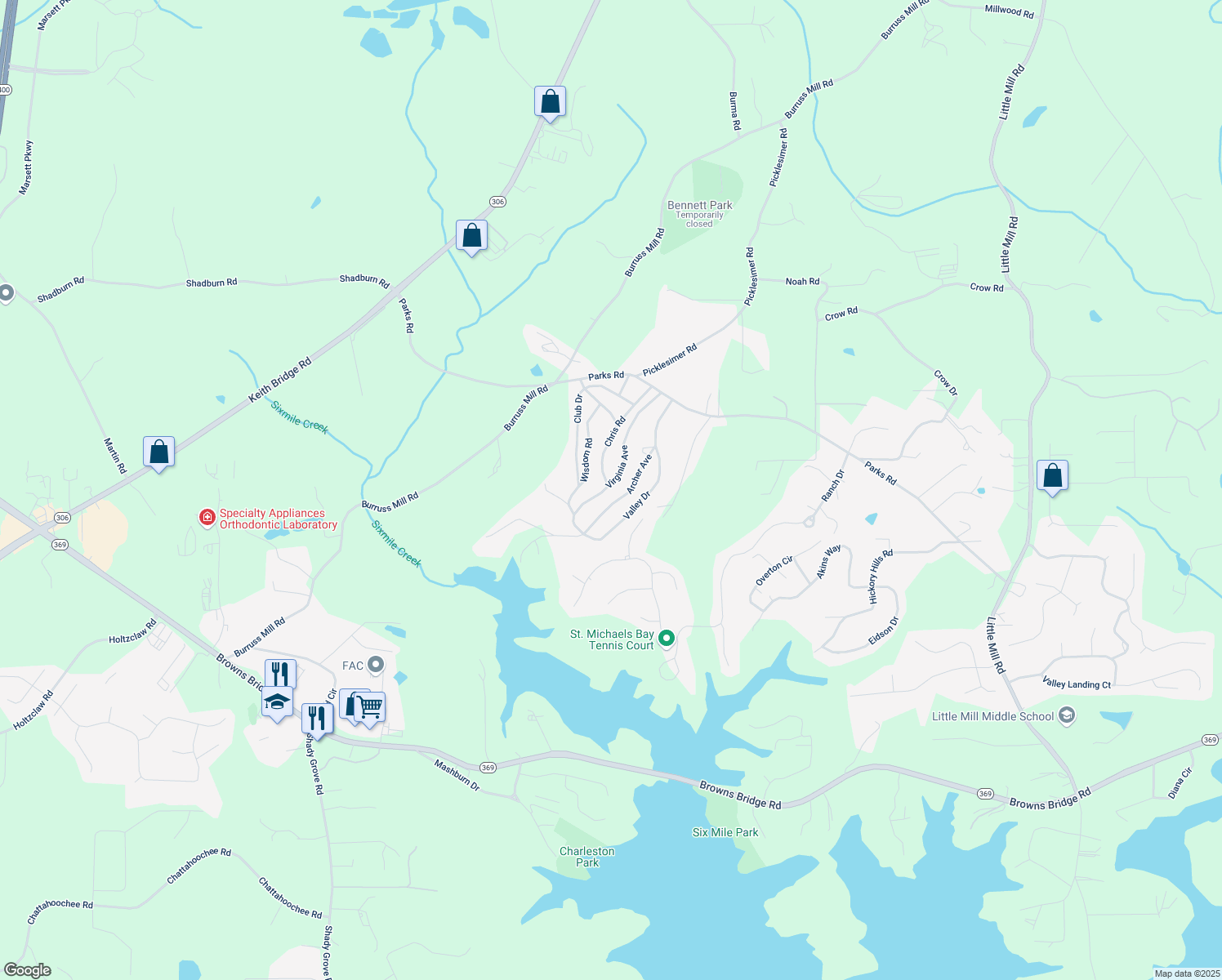 map of restaurants, bars, coffee shops, grocery stores, and more near 5215 Virginia Avenue in Cumming