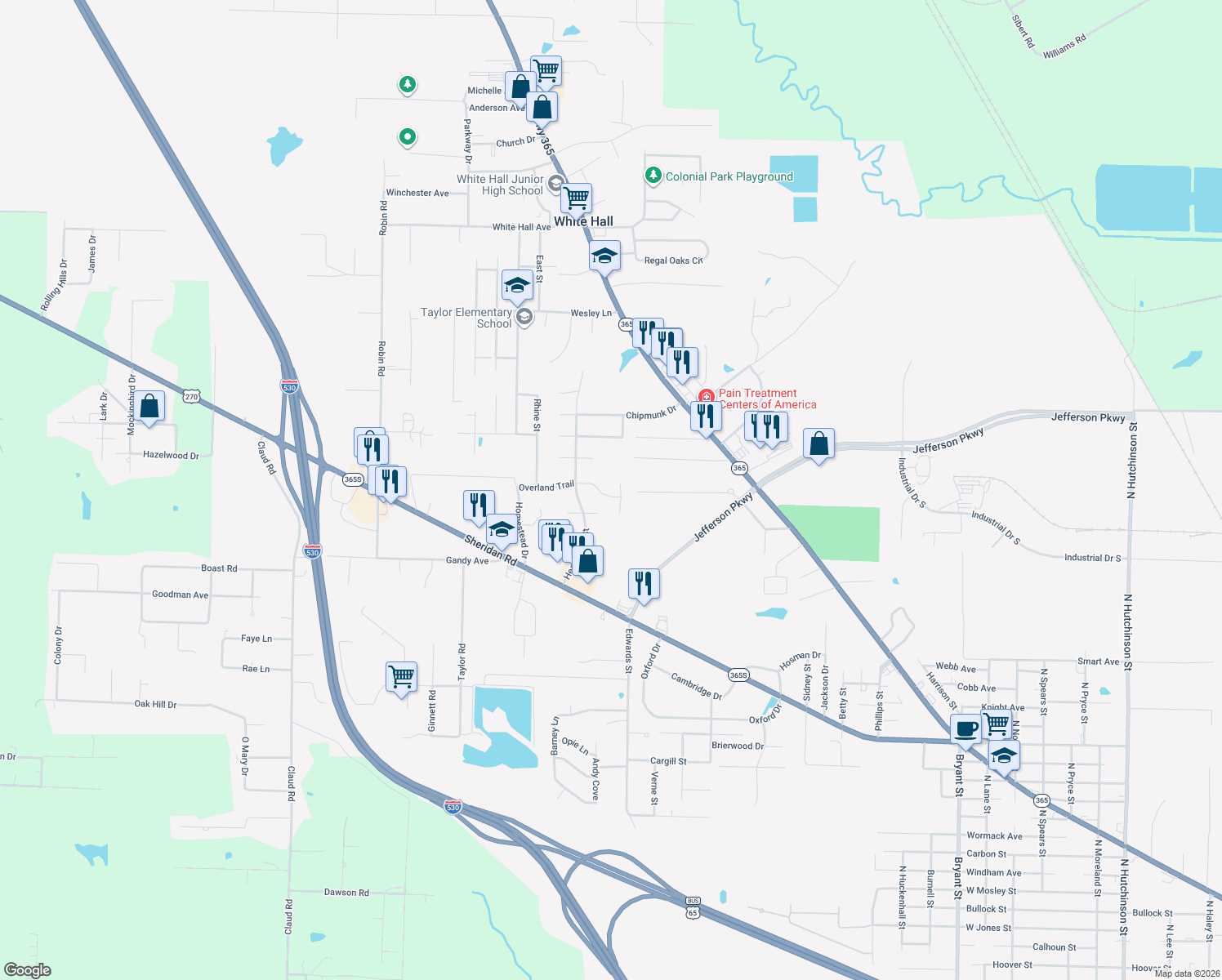 map of restaurants, bars, coffee shops, grocery stores, and more near 105 Overland Trail in White Hall