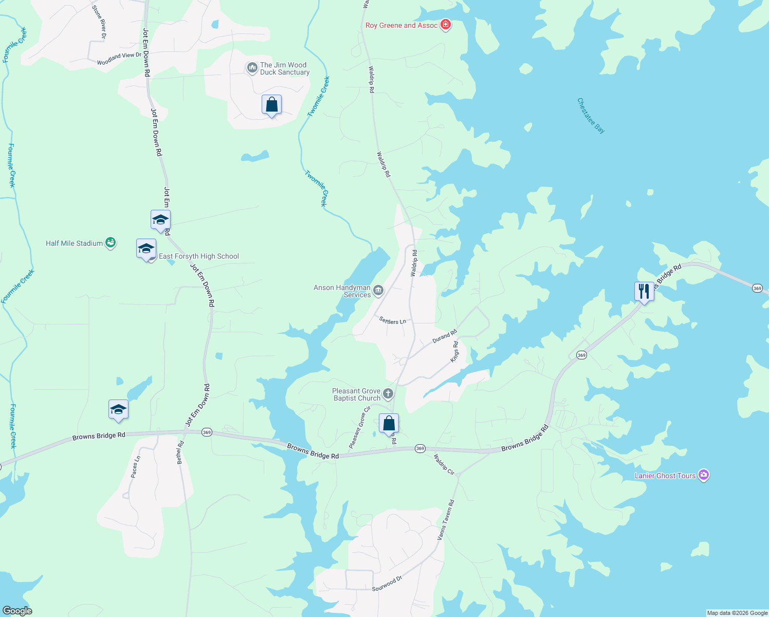 map of restaurants, bars, coffee shops, grocery stores, and more near 9555 Eagles Landing Dr in Gainesville