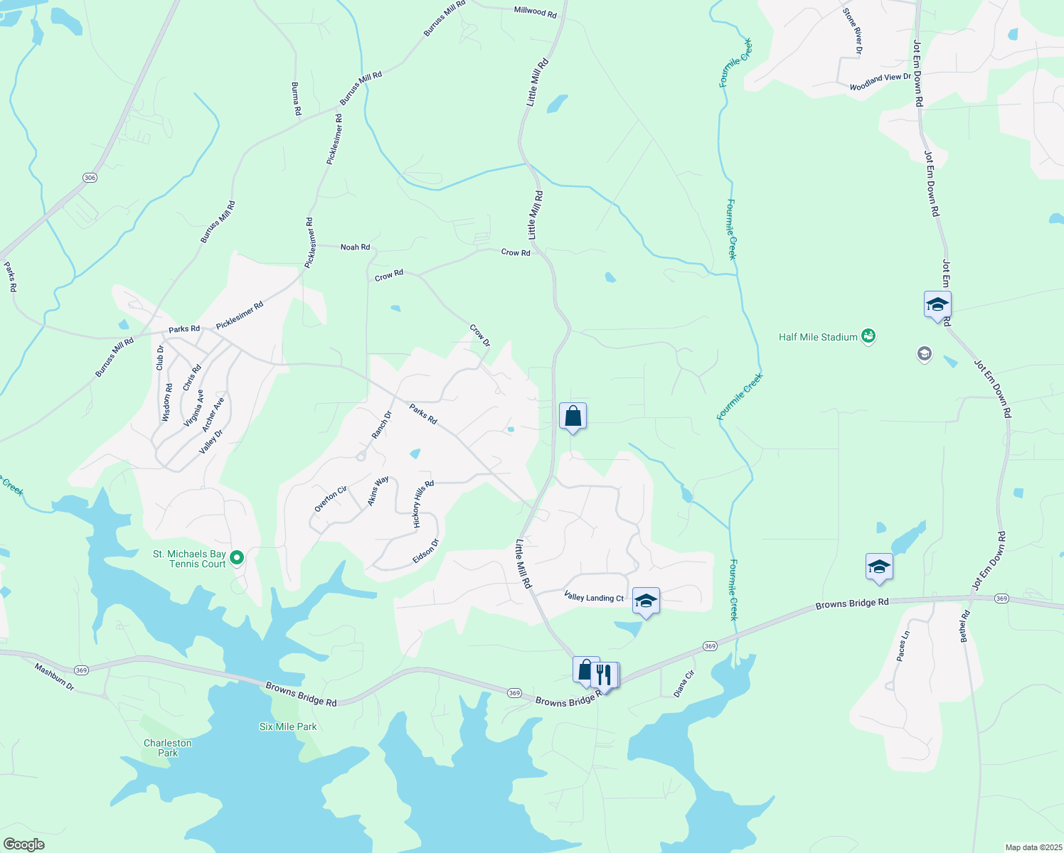 map of restaurants, bars, coffee shops, grocery stores, and more near 7329 Little Mill Road in Cumming
