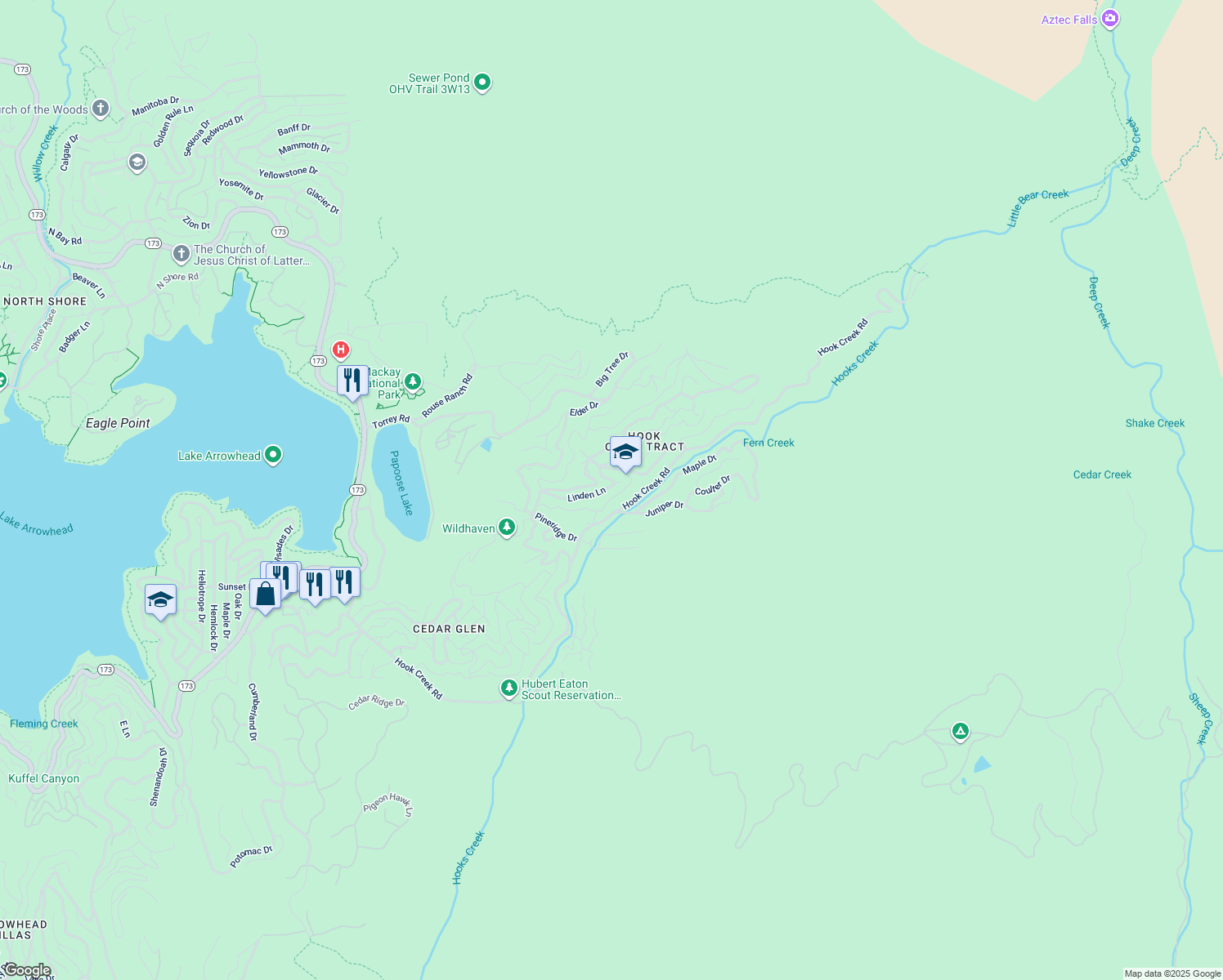 map of restaurants, bars, coffee shops, grocery stores, and more near 29723 Linden Lane in Lake Arrowhead