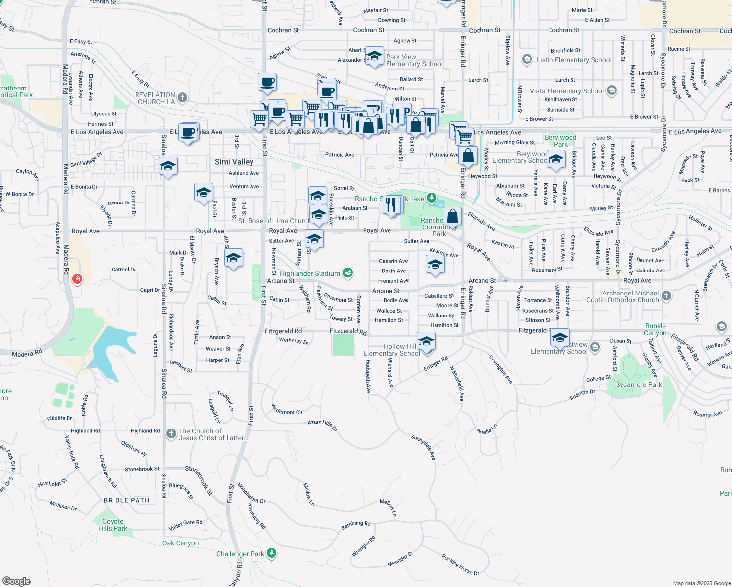 map of restaurants, bars, coffee shops, grocery stores, and more near 1147 North Hudspeth Avenue in Simi Valley