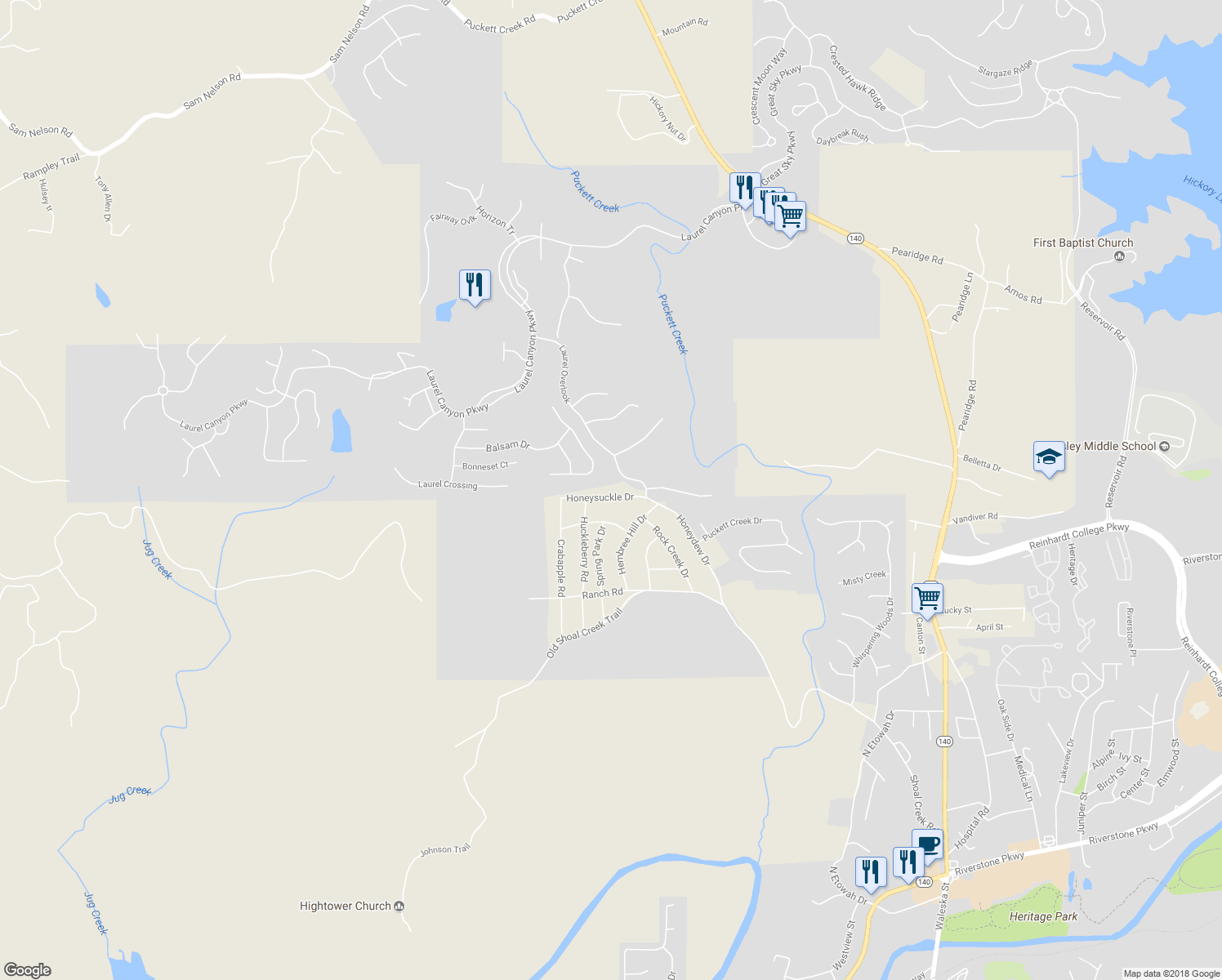 map of restaurants, bars, coffee shops, grocery stores, and more near 1107 Honeysuckle Drive in Canton