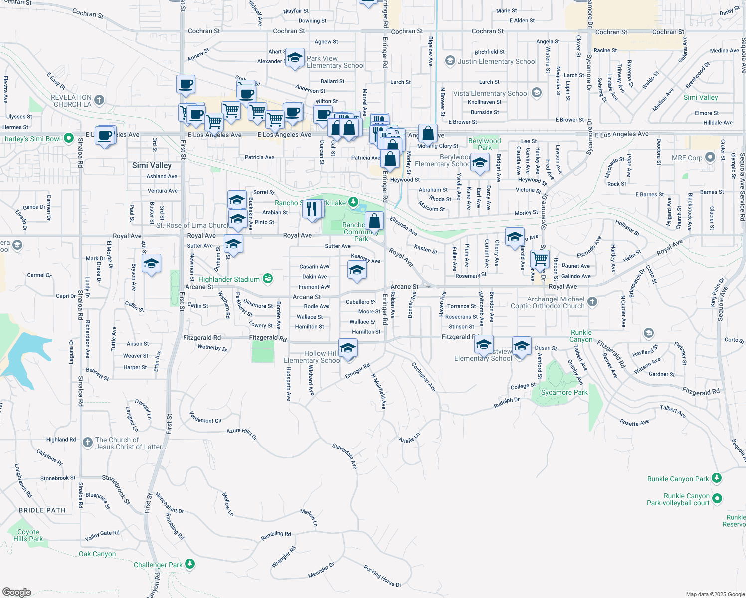map of restaurants, bars, coffee shops, grocery stores, and more near 1863 Caballero St in Simi Valley