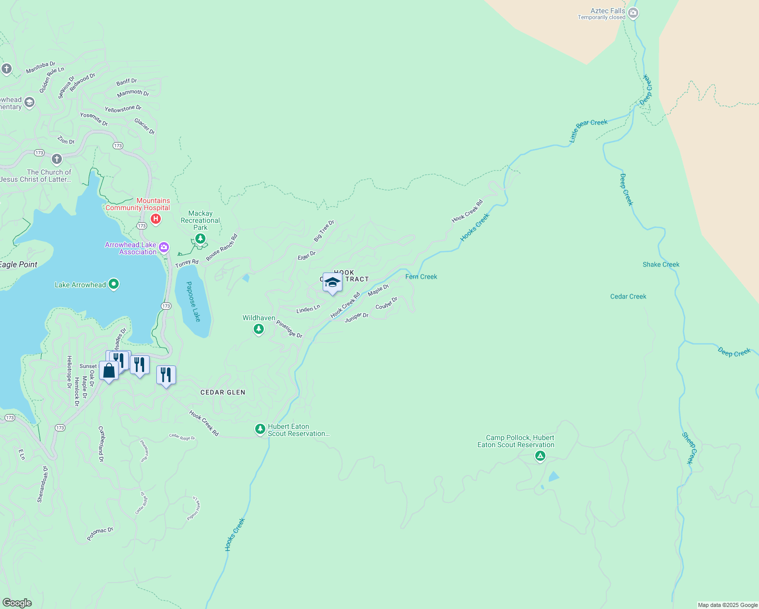 map of restaurants, bars, coffee shops, grocery stores, and more near Coulter Drive in Lake Arrowhead