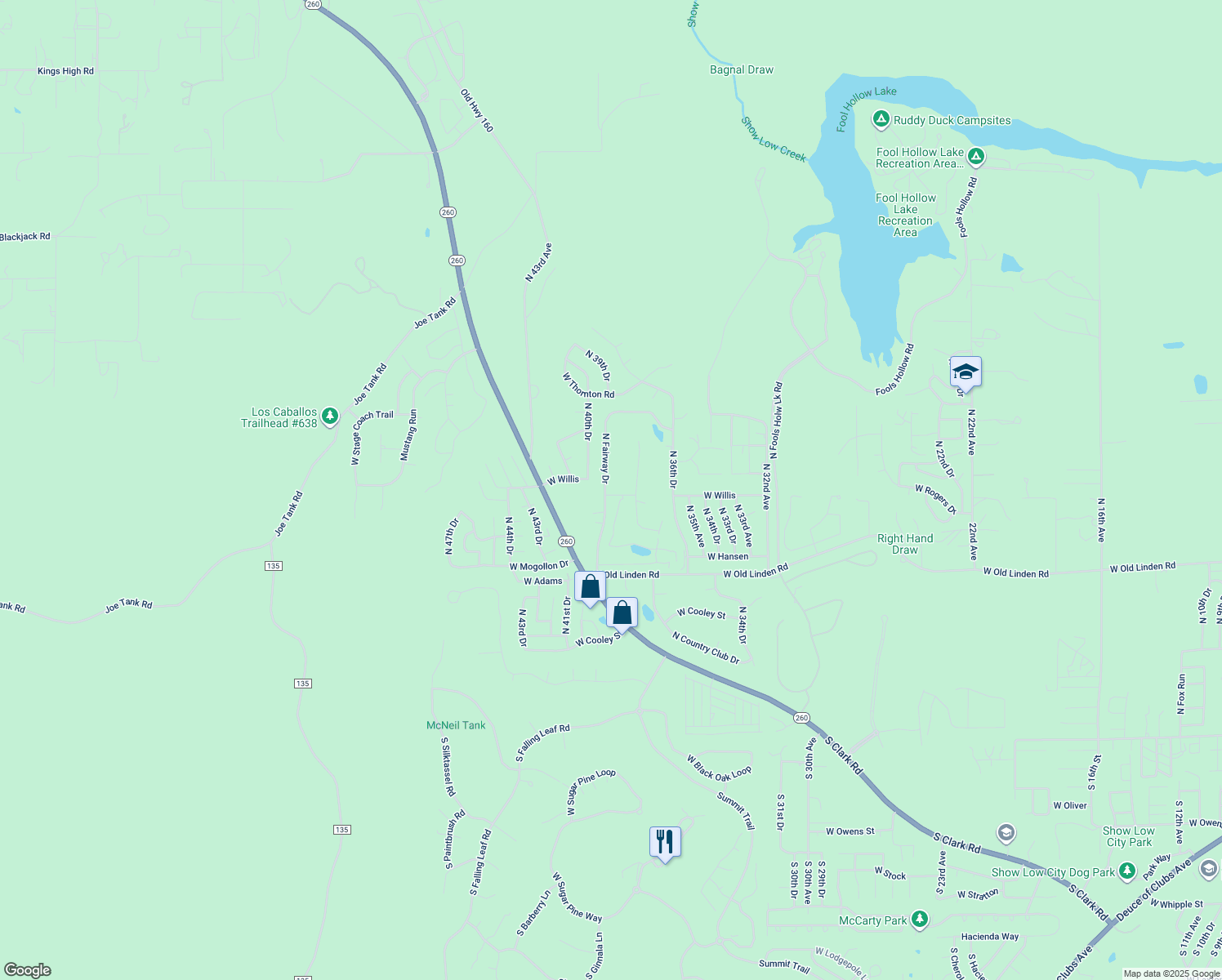 map of restaurants, bars, coffee shops, grocery stores, and more near 1201 N Fairway Dr in Show Low