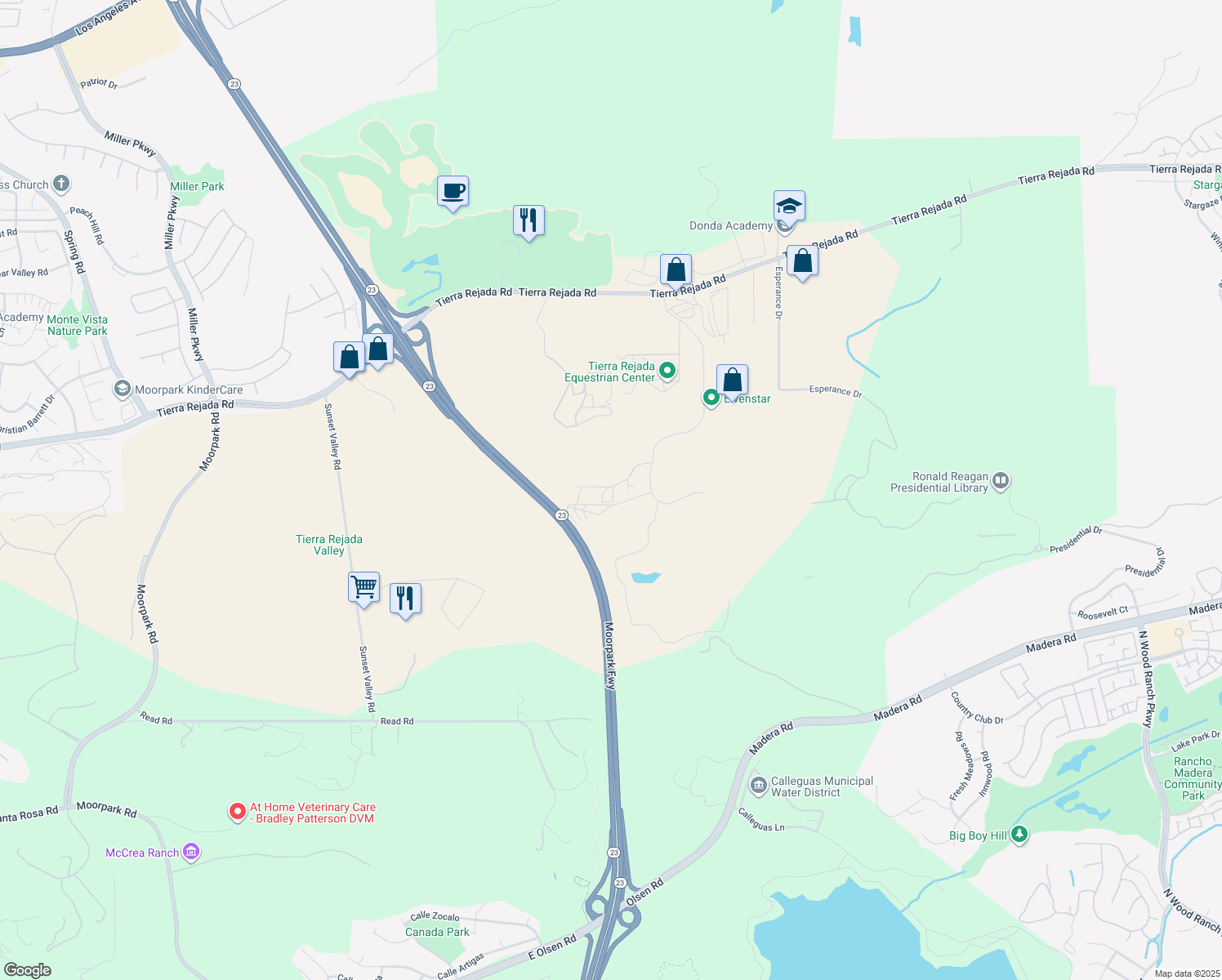map of restaurants, bars, coffee shops, grocery stores, and more near 15633 LaPeyre Road in Moorpark