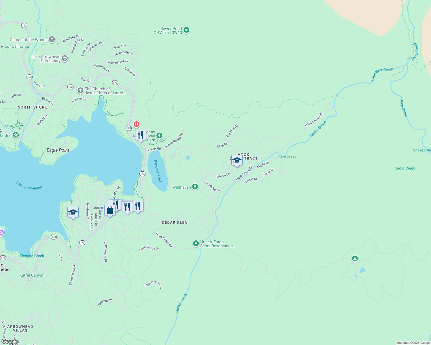 map of restaurants, bars, coffee shops, grocery stores, and more near 534 Cypress Road in Lake Arrowhead