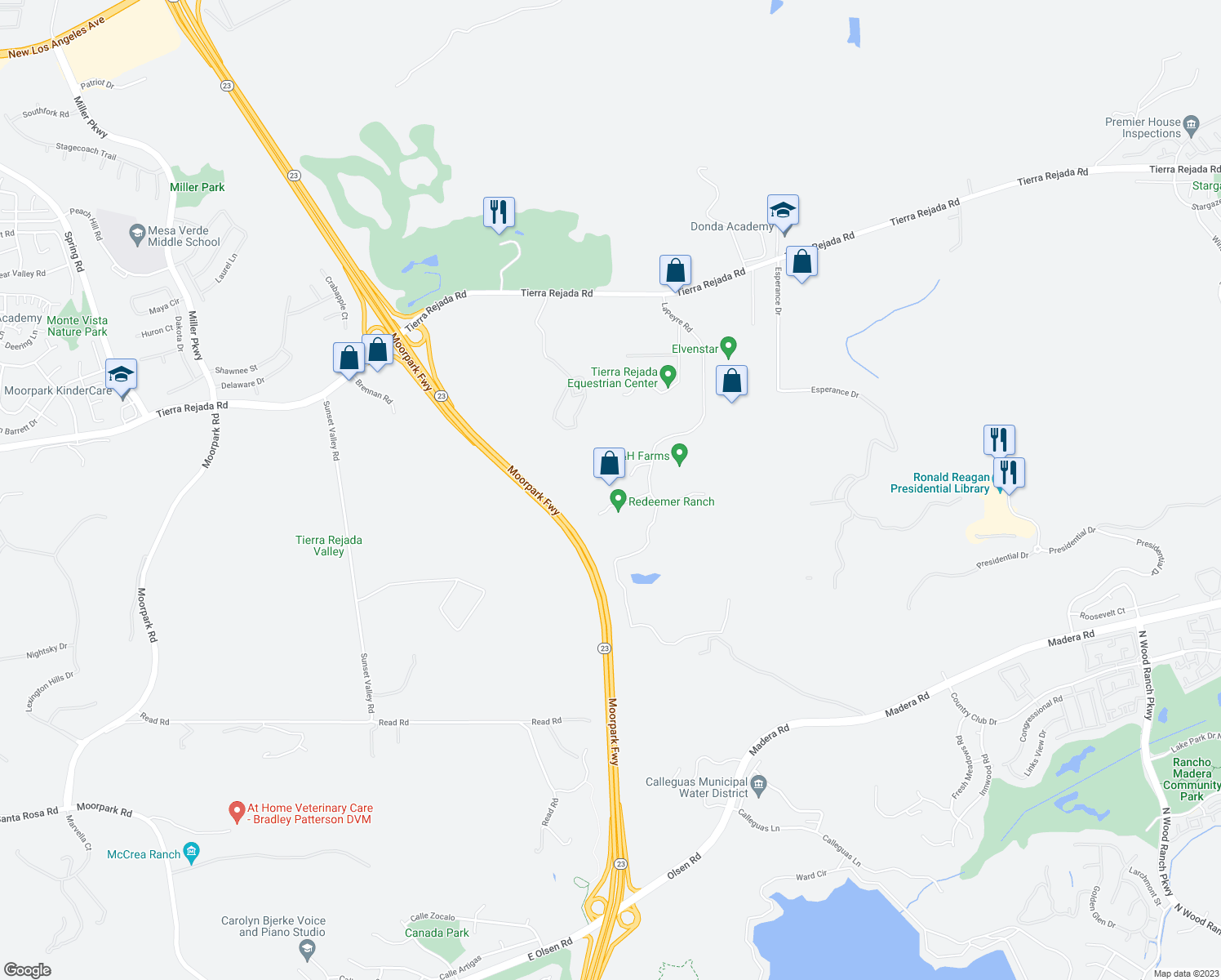 map of restaurants, bars, coffee shops, grocery stores, and more near 15633 LaPeyre Road in Moorpark