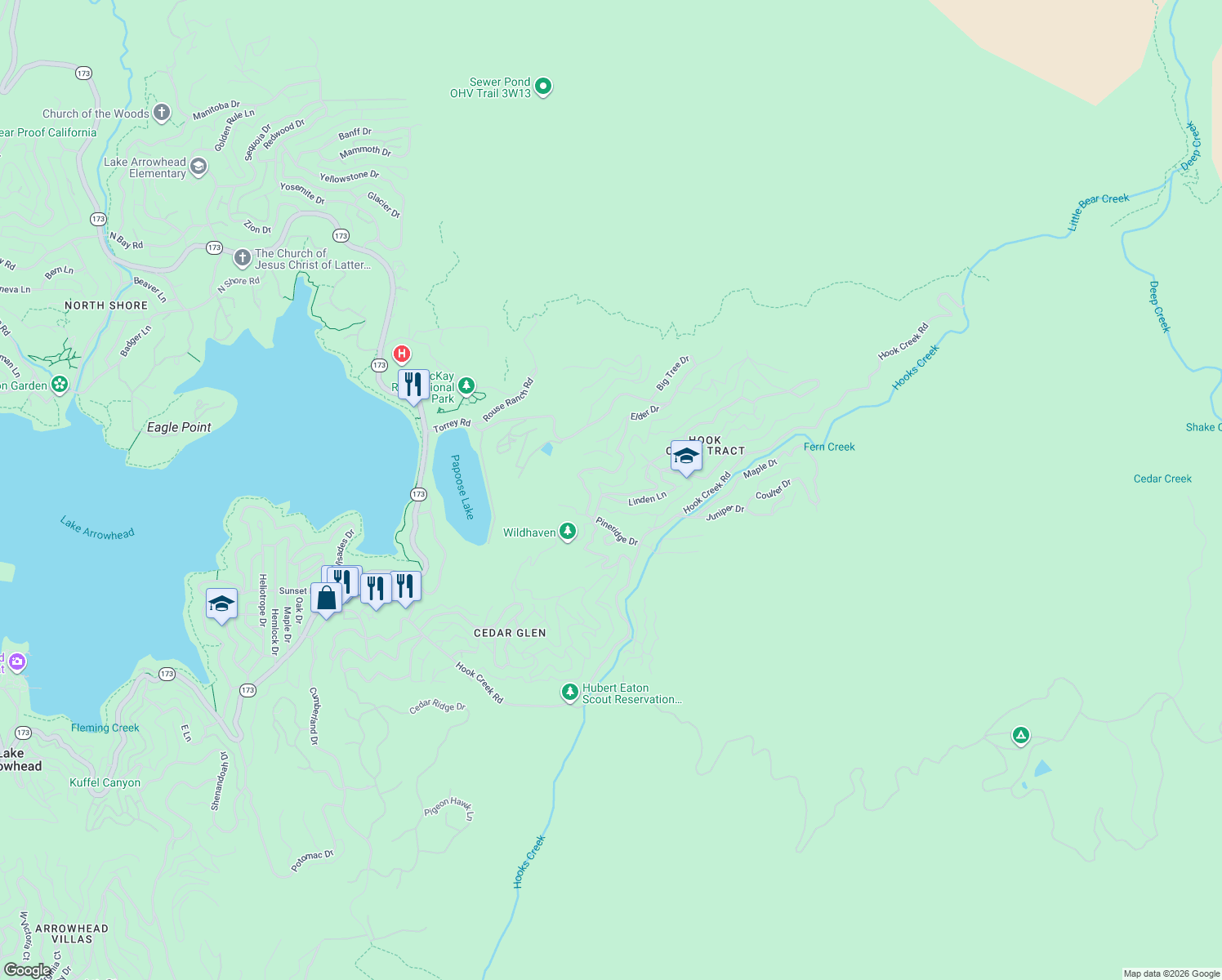 map of restaurants, bars, coffee shops, grocery stores, and more near 514 Cypress Road in Lake Arrowhead