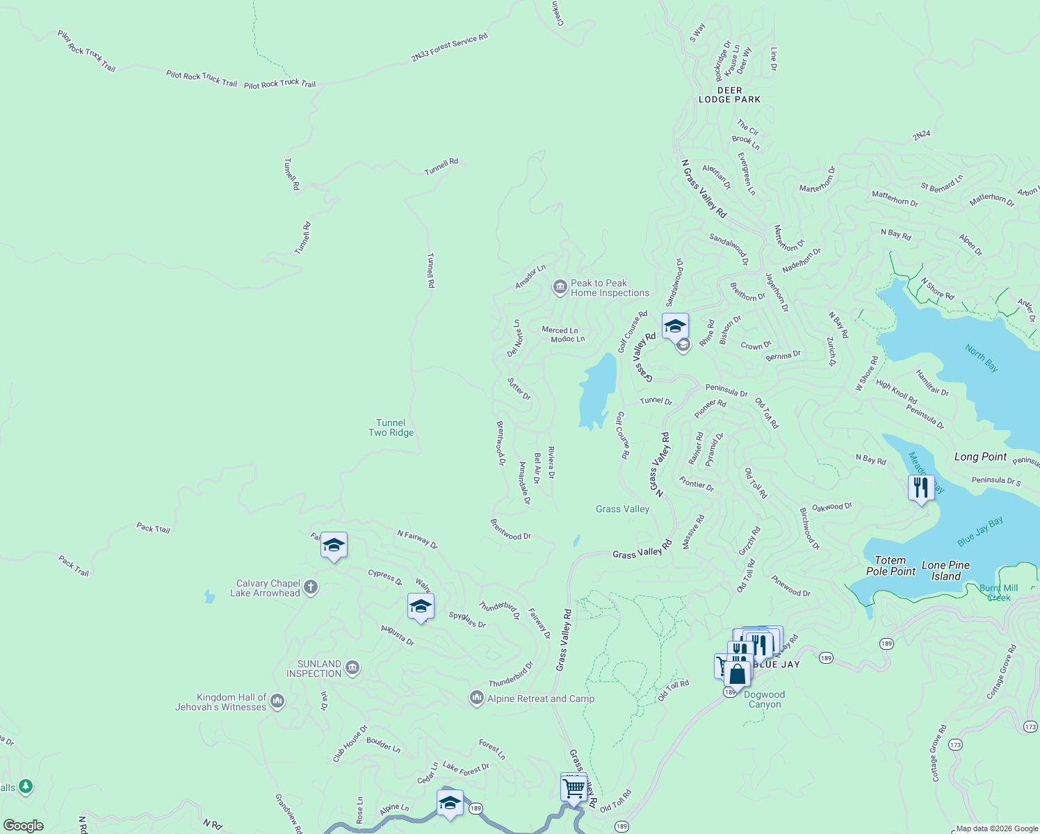 map of restaurants, bars, coffee shops, grocery stores, and more near 549 Sutter Lane in Lake Arrowhead
