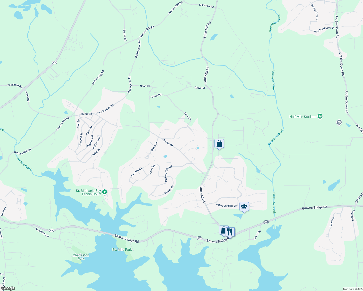 map of restaurants, bars, coffee shops, grocery stores, and more near 5711 Parks Road in Cumming