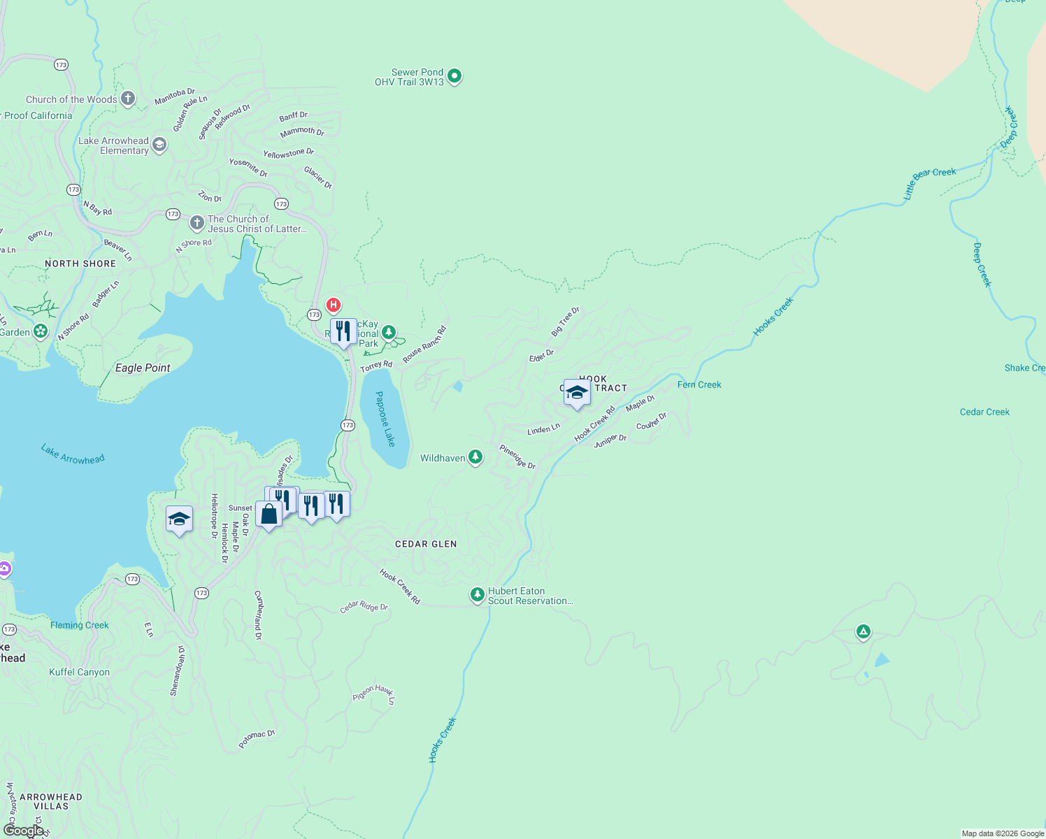 map of restaurants, bars, coffee shops, grocery stores, and more near 514 Cypress Road in Lake Arrowhead