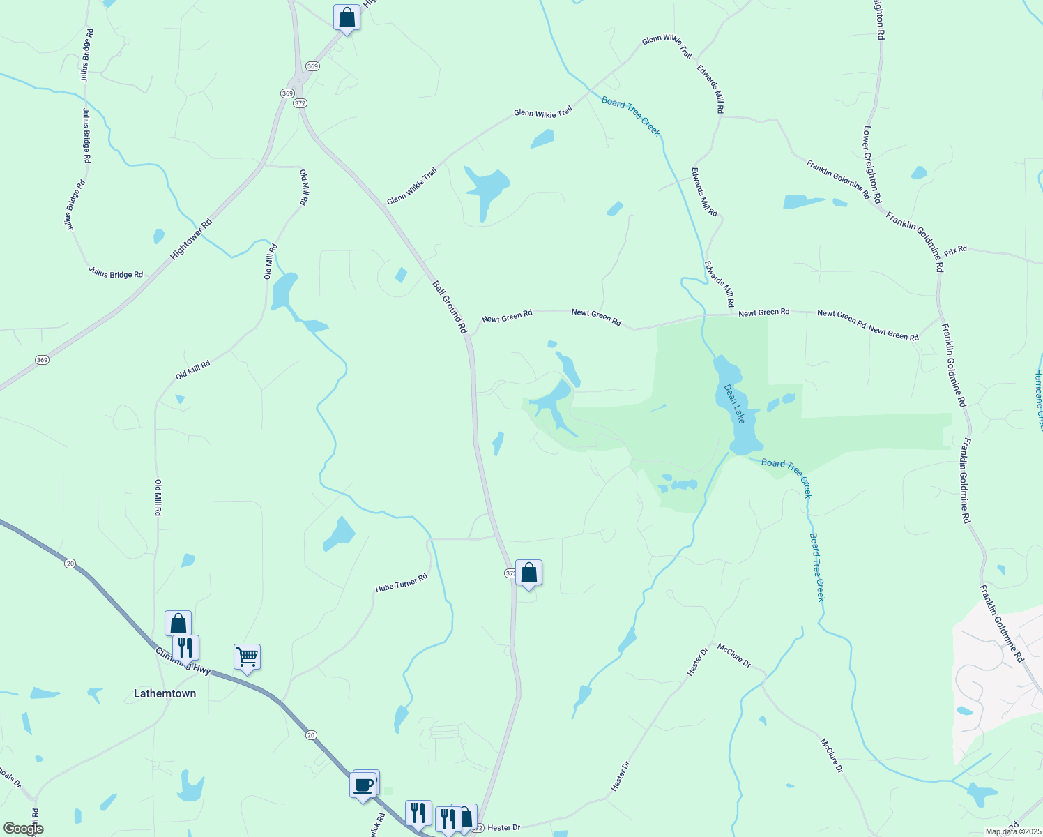 map of restaurants, bars, coffee shops, grocery stores, and more near 230 Hawks Lake Drive in Ball Ground