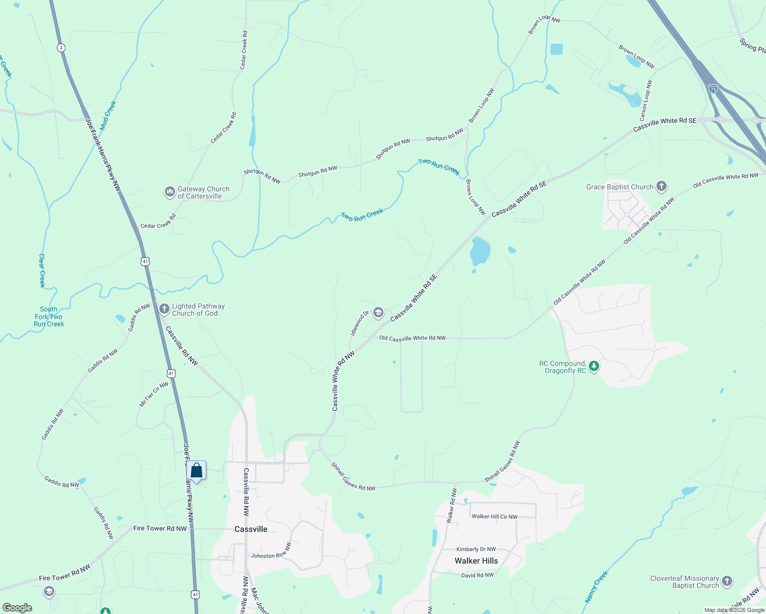 map of restaurants, bars, coffee shops, grocery stores, and more near 18 Christopher Ridge Northwest in Cartersville