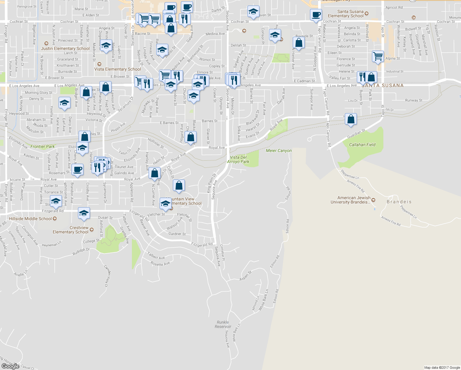 map of restaurants, bars, coffee shops, grocery stores, and more near 3411 Coastal Oak Drive in Simi Valley