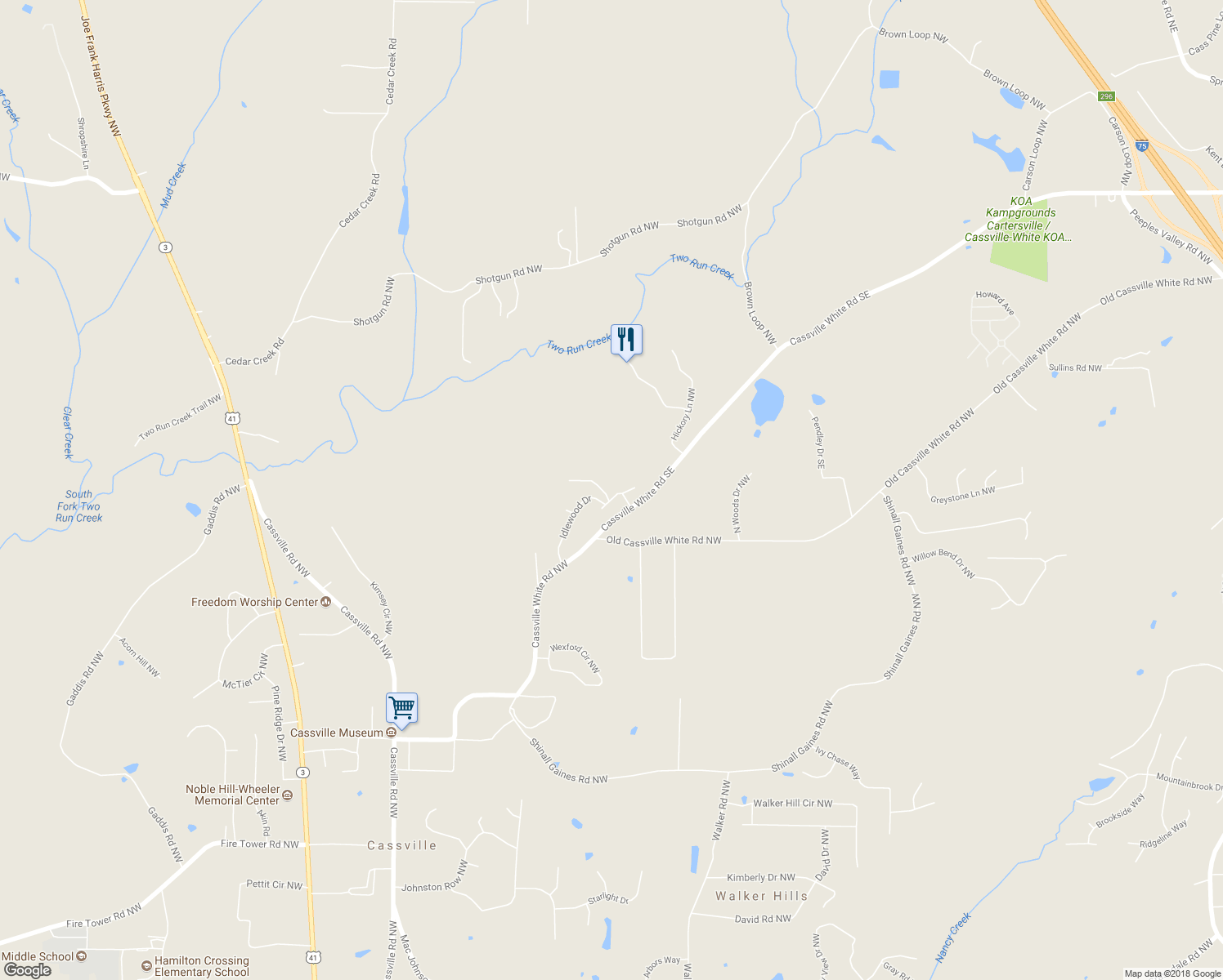 map of restaurants, bars, coffee shops, grocery stores, and more near 18 Christopher Ridge Northwest in Cartersville