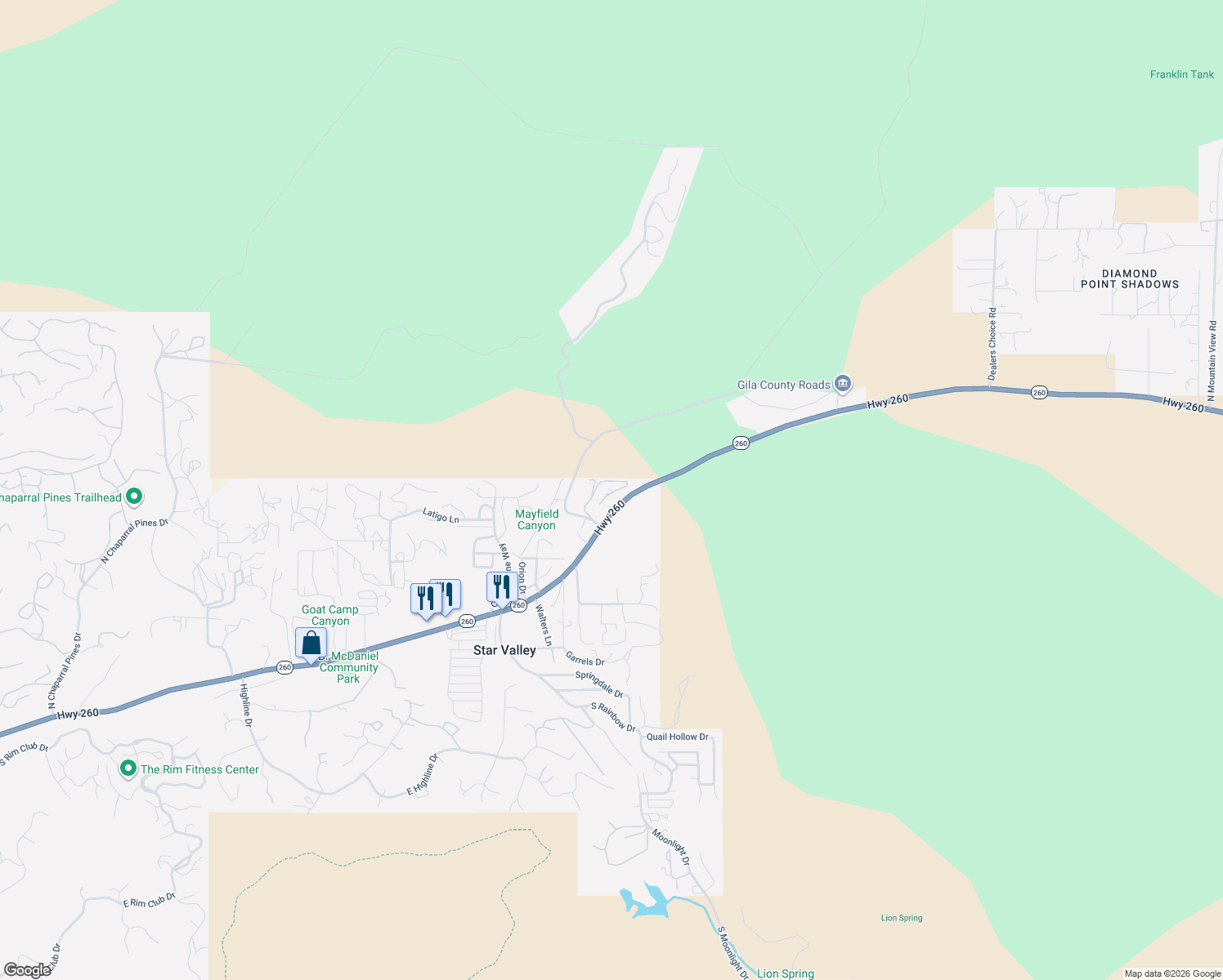 map of restaurants, bars, coffee shops, grocery stores, and more near Sky Run Lane in Star Valley