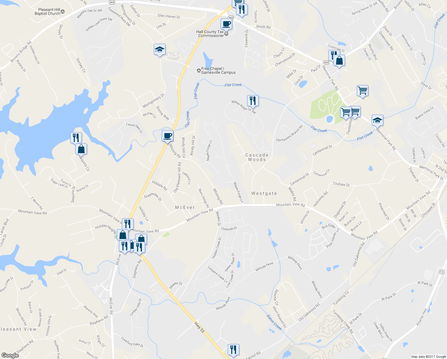map of restaurants, bars, coffee shops, grocery stores, and more near 3646 Brown Well Court in Gainesville