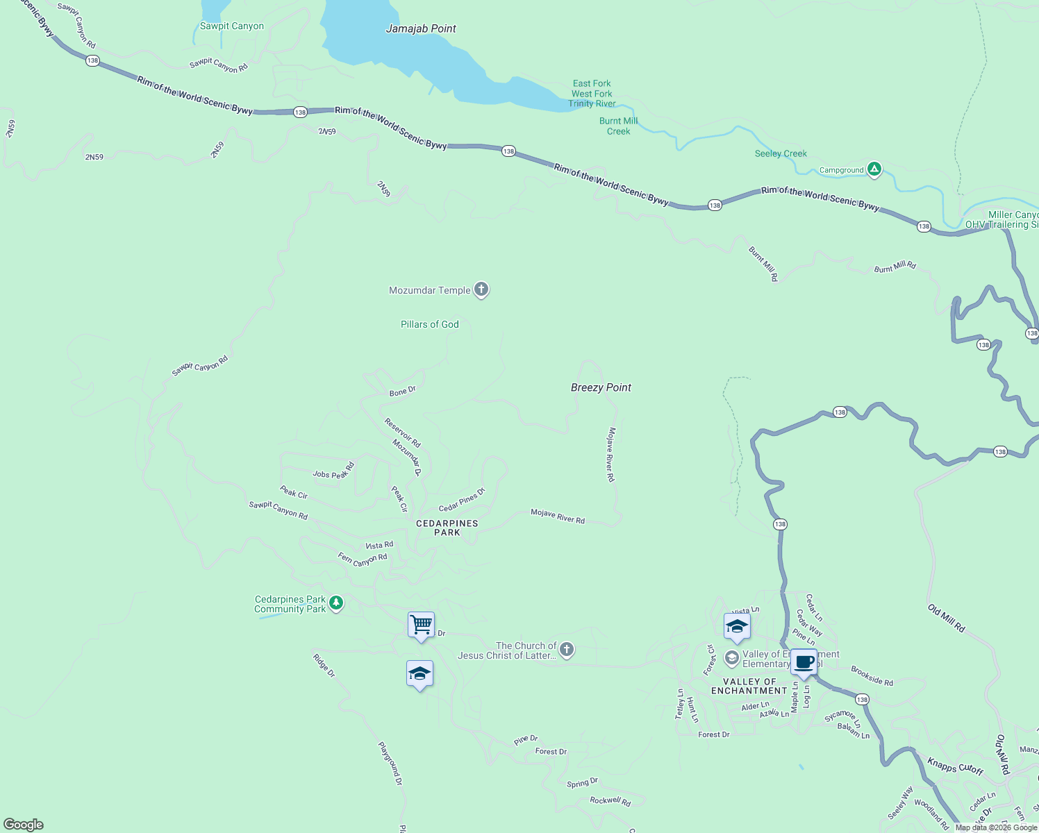 map of restaurants, bars, coffee shops, grocery stores, and more near Mojave River Road in Crestline