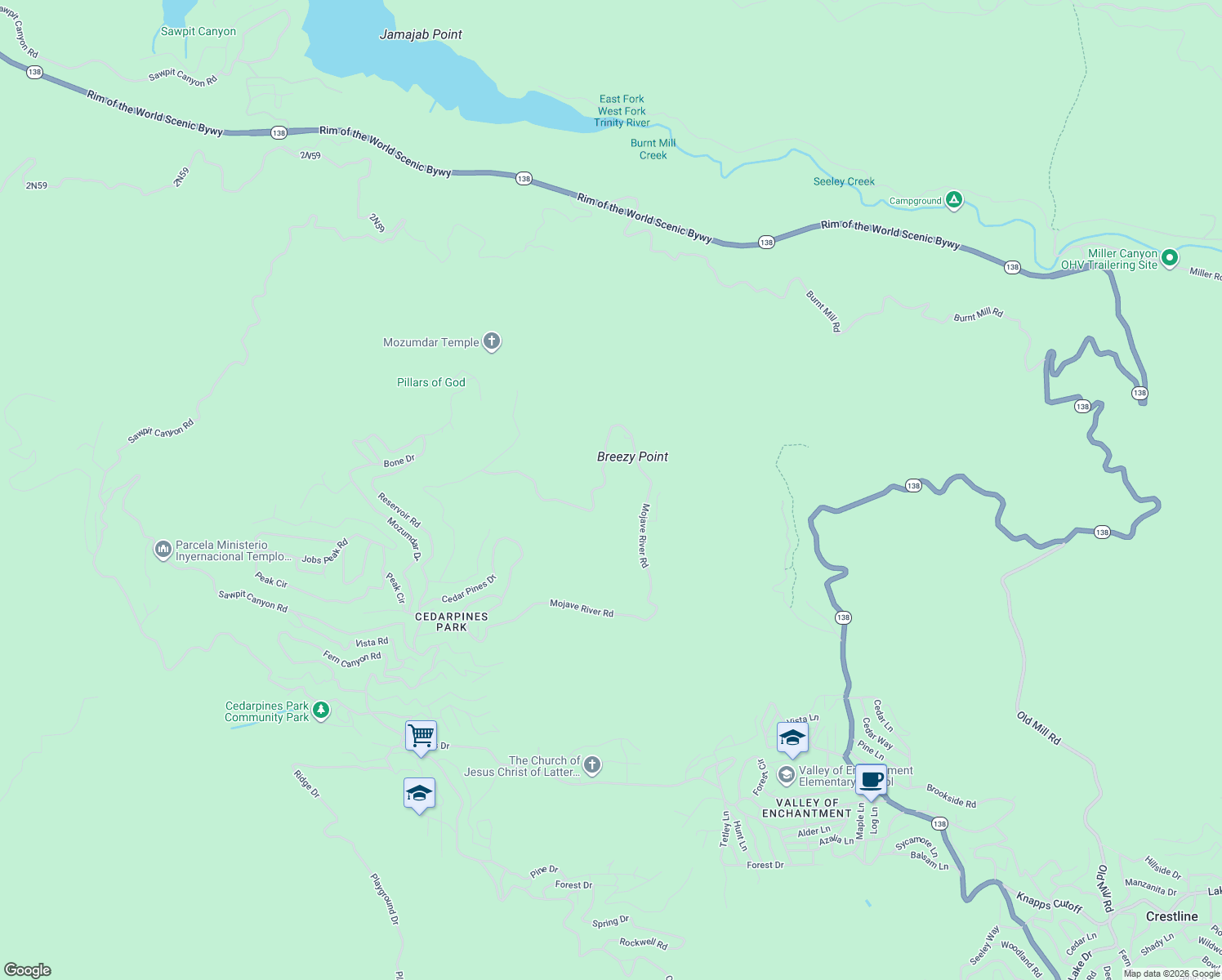 map of restaurants, bars, coffee shops, grocery stores, and more near Mojave River Road in Crestline