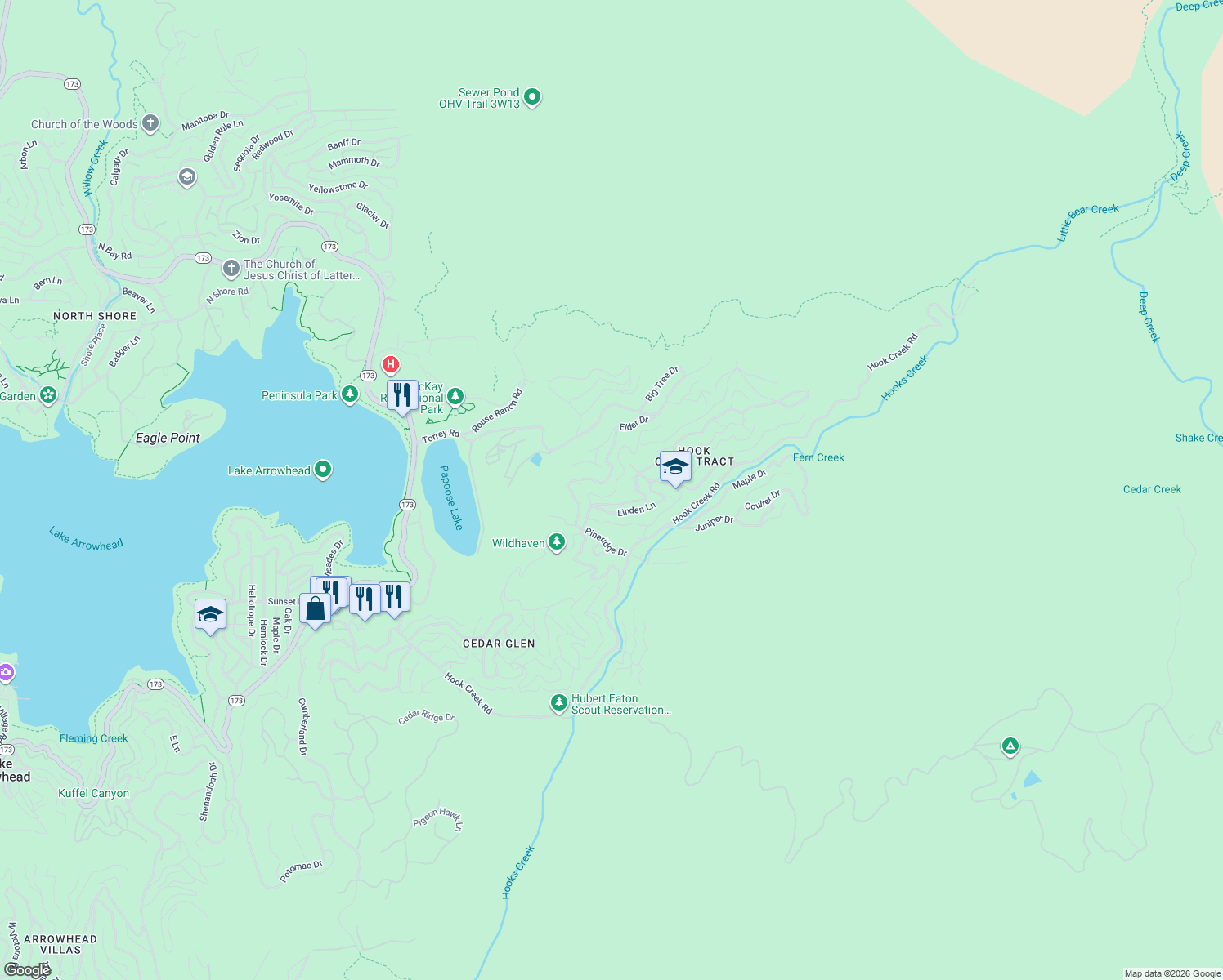 map of restaurants, bars, coffee shops, grocery stores, and more near Acacia Drive in Lake Arrowhead