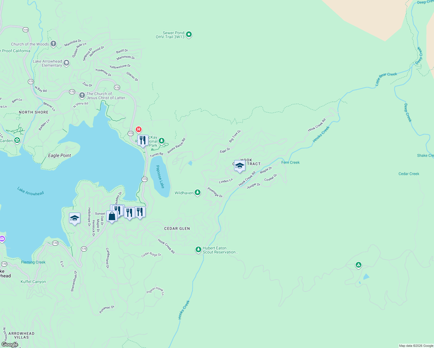 map of restaurants, bars, coffee shops, grocery stores, and more near 514 Cypress Road in Lake Arrowhead