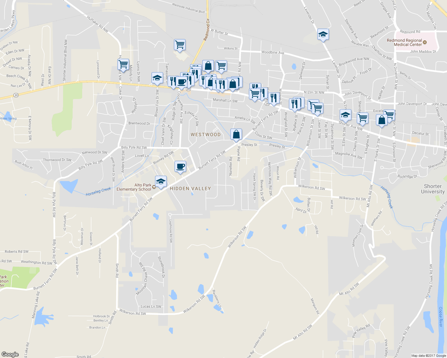 map of restaurants, bars, coffee shops, grocery stores, and more near 14 East Creekview Drive Southwest in Rome