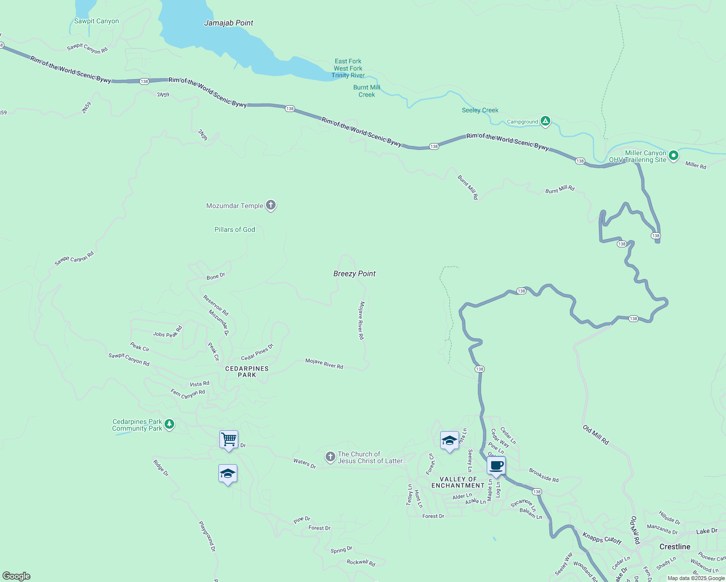 map of restaurants, bars, coffee shops, grocery stores, and more near 528 Mojave River Road in Crestline