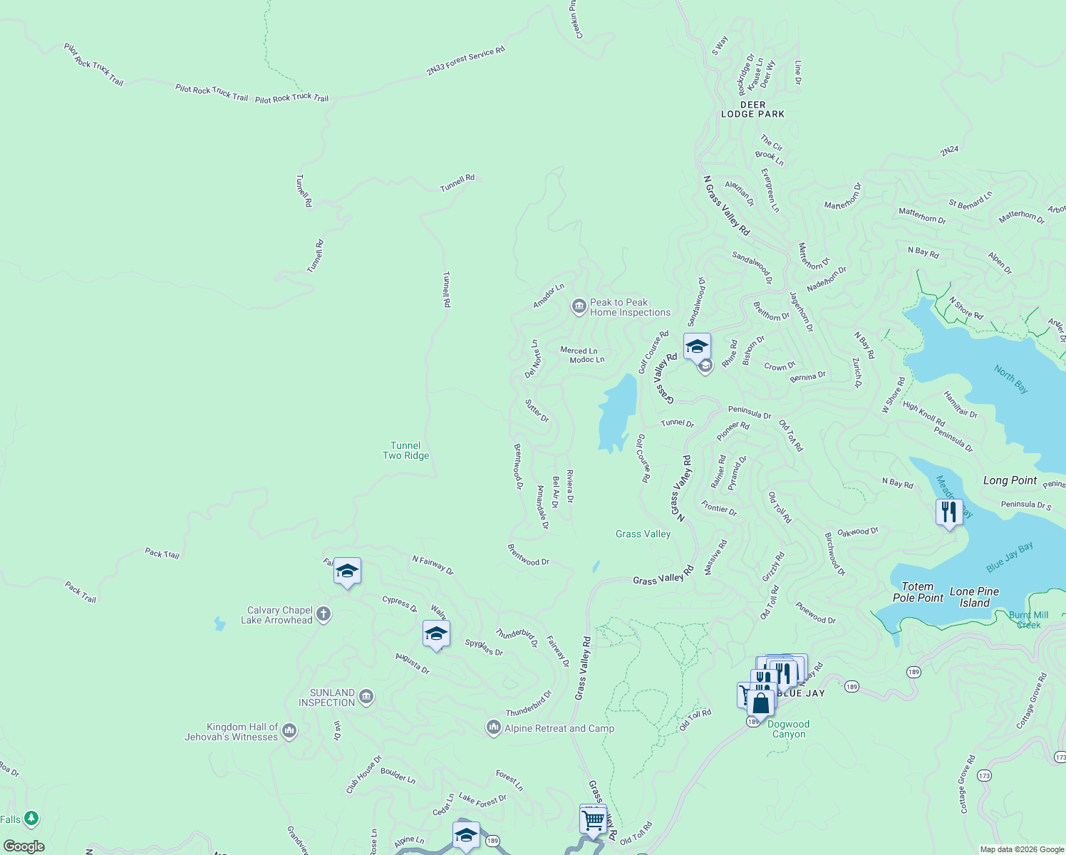 map of restaurants, bars, coffee shops, grocery stores, and more near 549 Sutter Lane in Lake Arrowhead