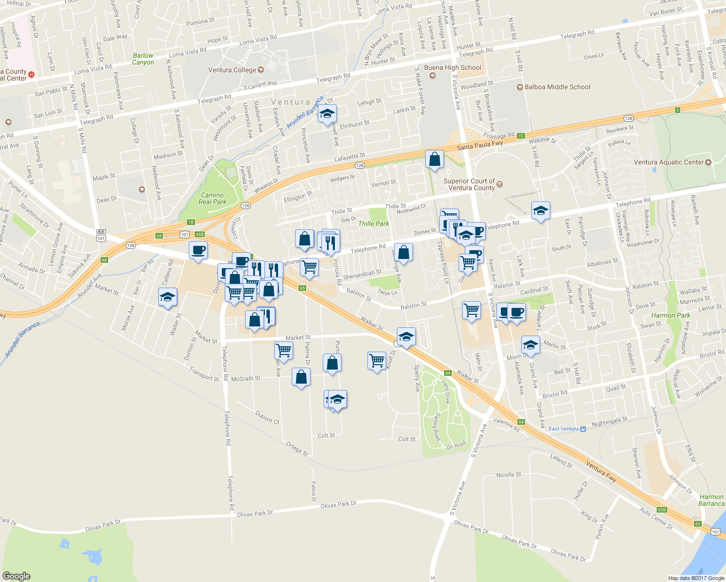 map of restaurants, bars, coffee shops, grocery stores, and more near 1407 Vicksburg Lane in Ventura