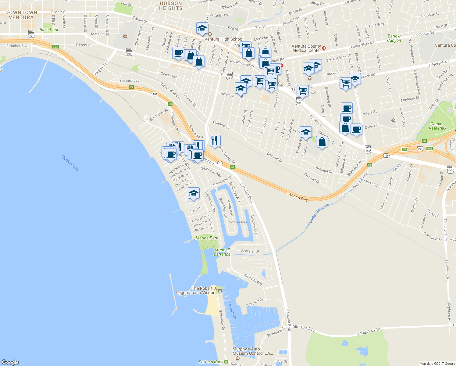 map of restaurants, bars, coffee shops, grocery stores, and more near 2623 Seahorse Avenue in Ventura