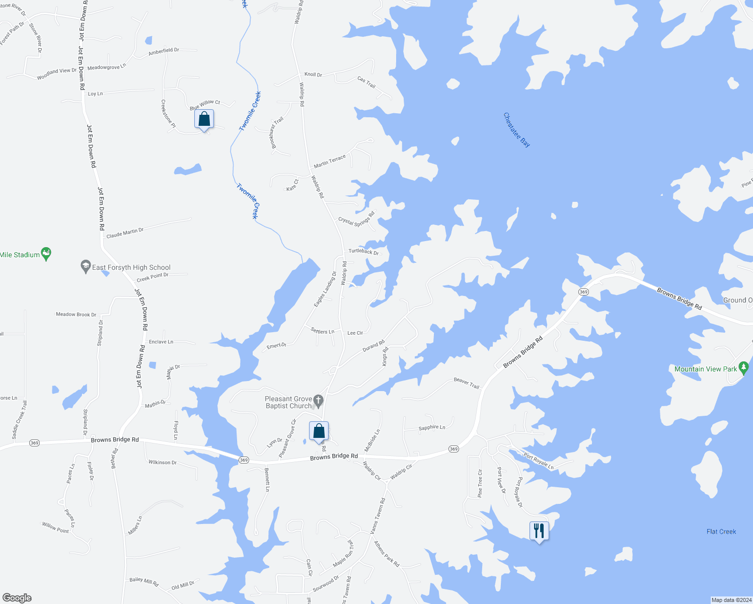 map of restaurants, bars, coffee shops, grocery stores, and more near 9660 Lee Circle in Gainesville