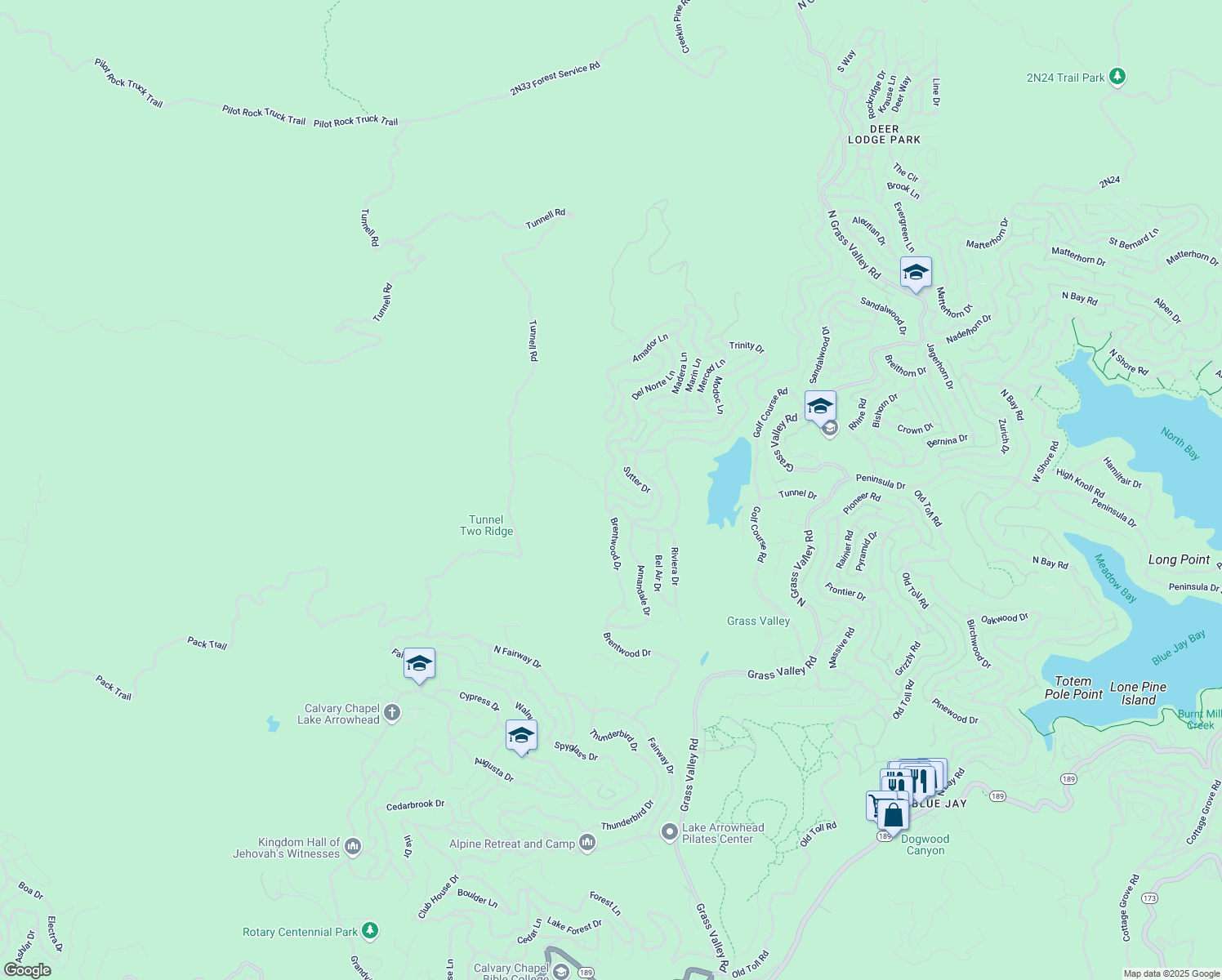 map of restaurants, bars, coffee shops, grocery stores, and more near 26515 Placer Lane in Lake Arrowhead