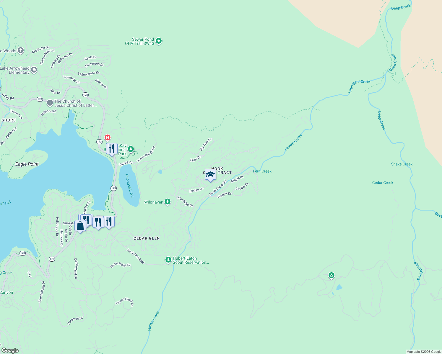 map of restaurants, bars, coffee shops, grocery stores, and more near 647 Eucalyptus Road in Lake Arrowhead