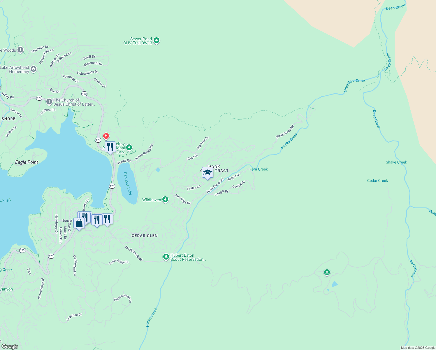 map of restaurants, bars, coffee shops, grocery stores, and more near 620 Eucalyptus Road in Lake Arrowhead