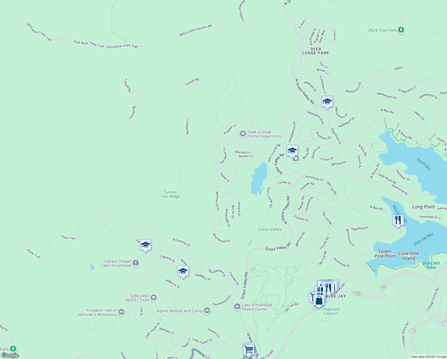 map of restaurants, bars, coffee shops, grocery stores, and more near 26550 Placer Lane in Lake Arrowhead