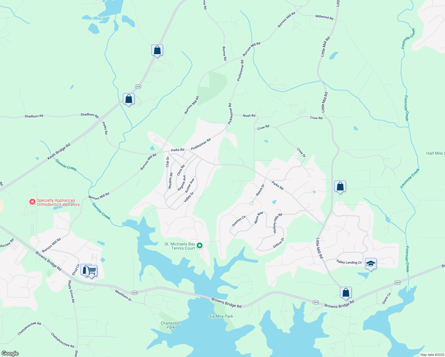 map of restaurants, bars, coffee shops, grocery stores, and more near 5264 Parks Road in Cumming