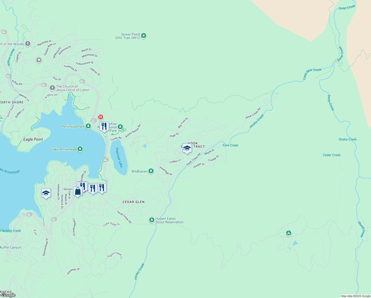 map of restaurants, bars, coffee shops, grocery stores, and more near 656 Tamarack Road in Lake Arrowhead