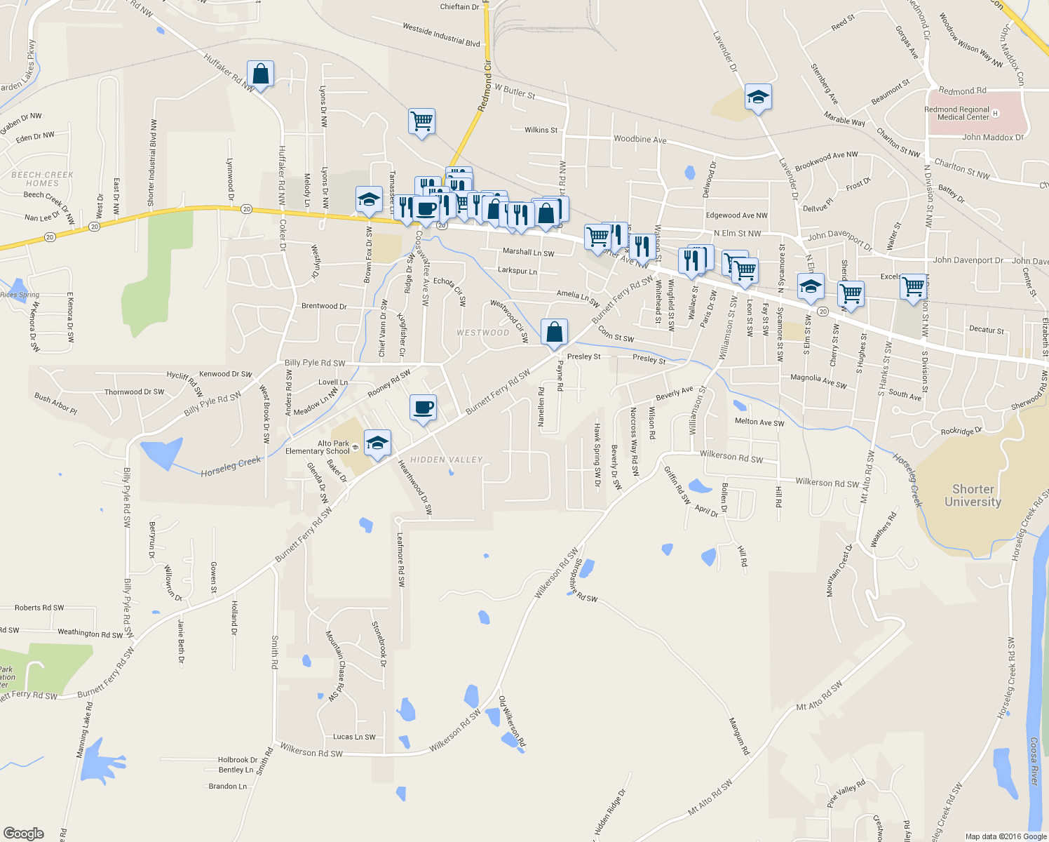 map of restaurants, bars, coffee shops, grocery stores, and more near 8 E Creekview Dr SW in Rome