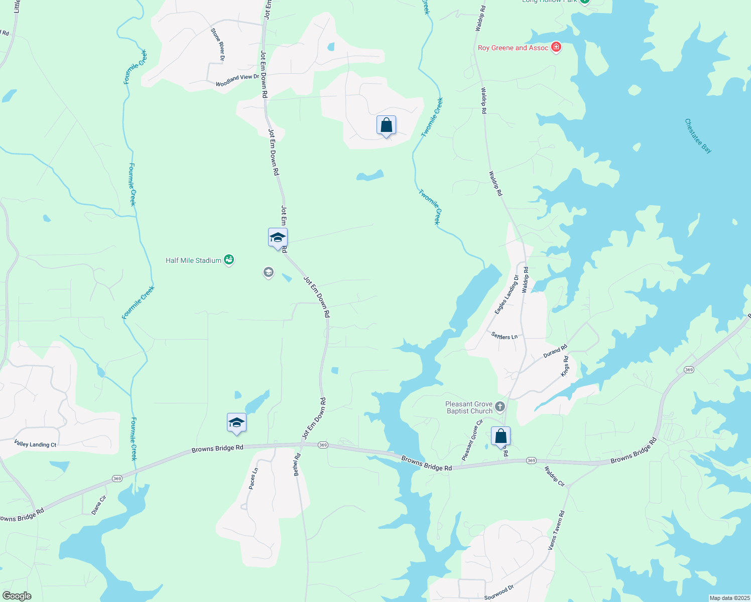 map of restaurants, bars, coffee shops, grocery stores, and more near 9221 Jot Em Down Road in Gainesville