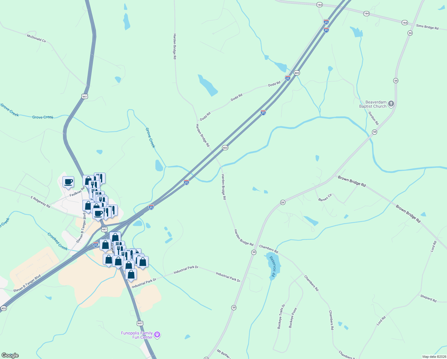 map of restaurants, bars, coffee shops, grocery stores, and more near 1075 Harden Bridge Road in Commerce