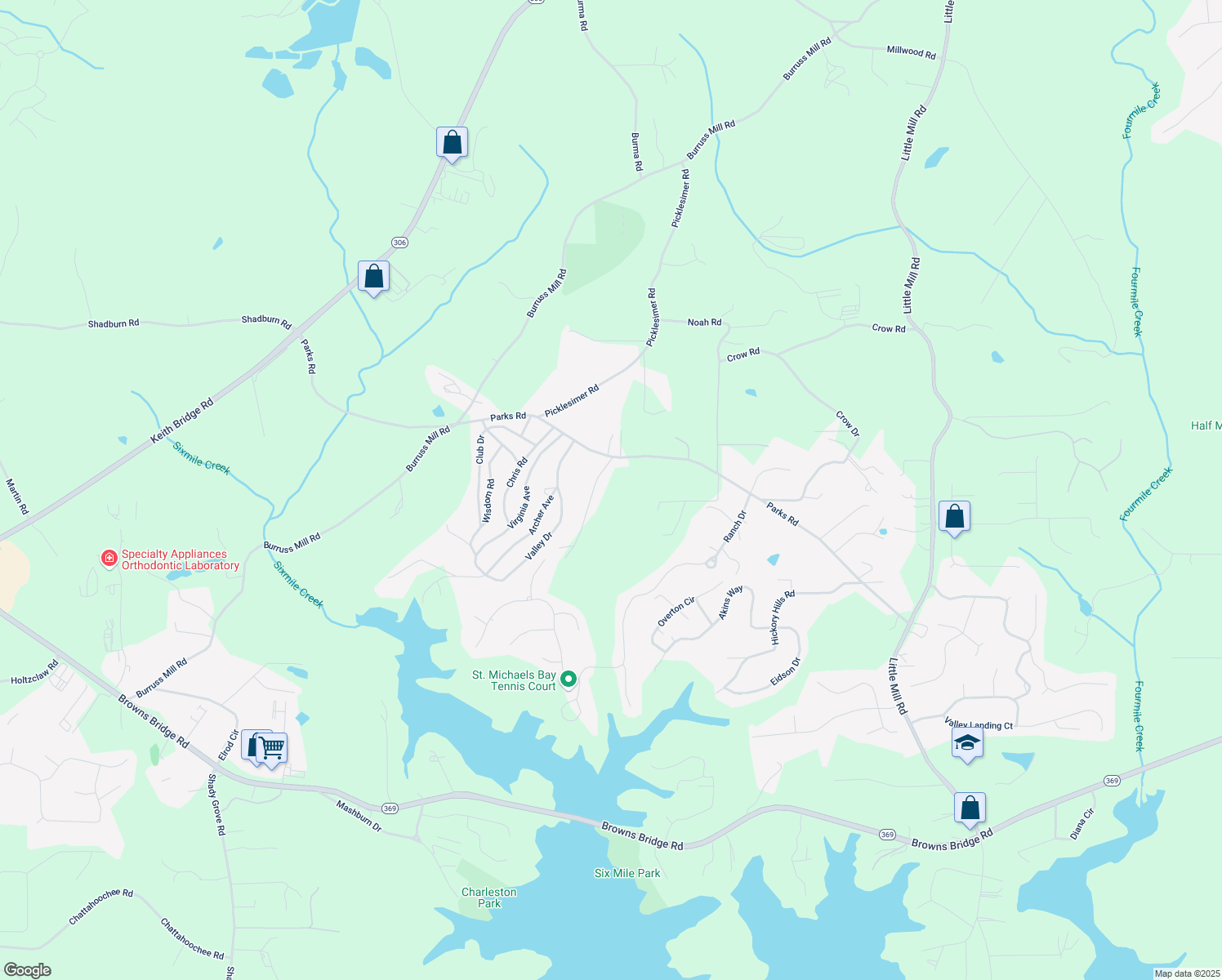 map of restaurants, bars, coffee shops, grocery stores, and more near 5264 Parks Road in Cumming