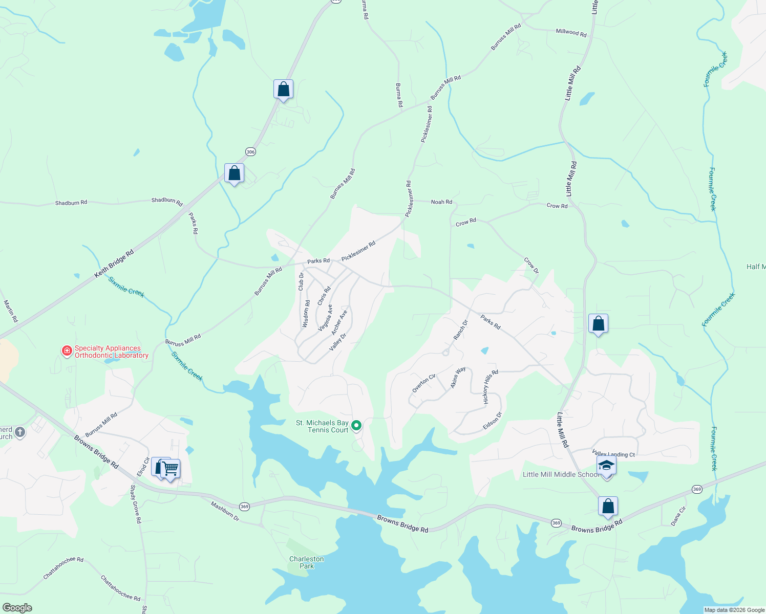 map of restaurants, bars, coffee shops, grocery stores, and more near 5255 Drivers Lane in Cumming