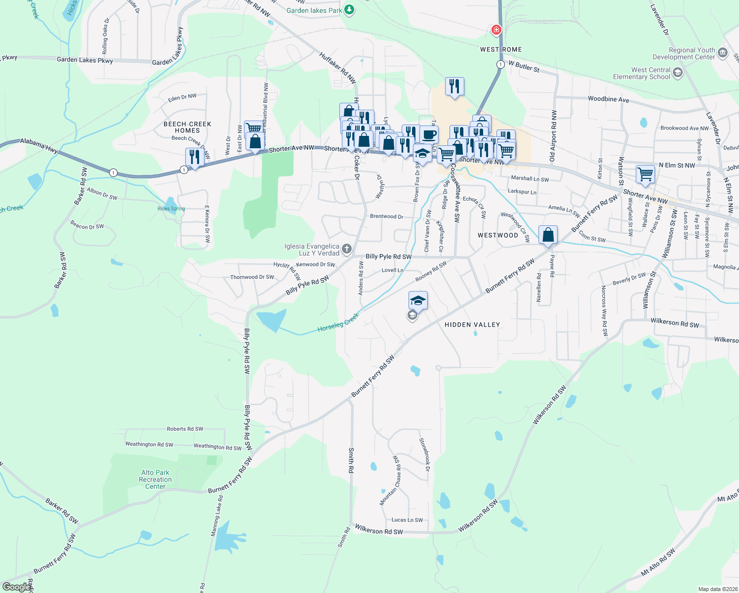 map of restaurants, bars, coffee shops, grocery stores, and more near 29 Meadow Ln SW in Rome